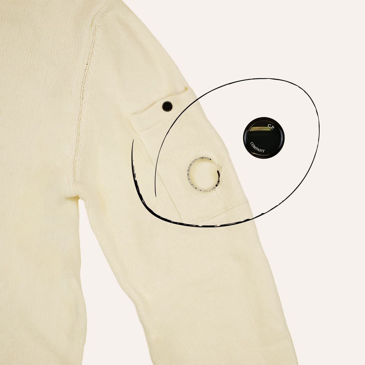 Example 1: C.P. Company lens detached from the sleeve of a sweater: the support elastic is broken.